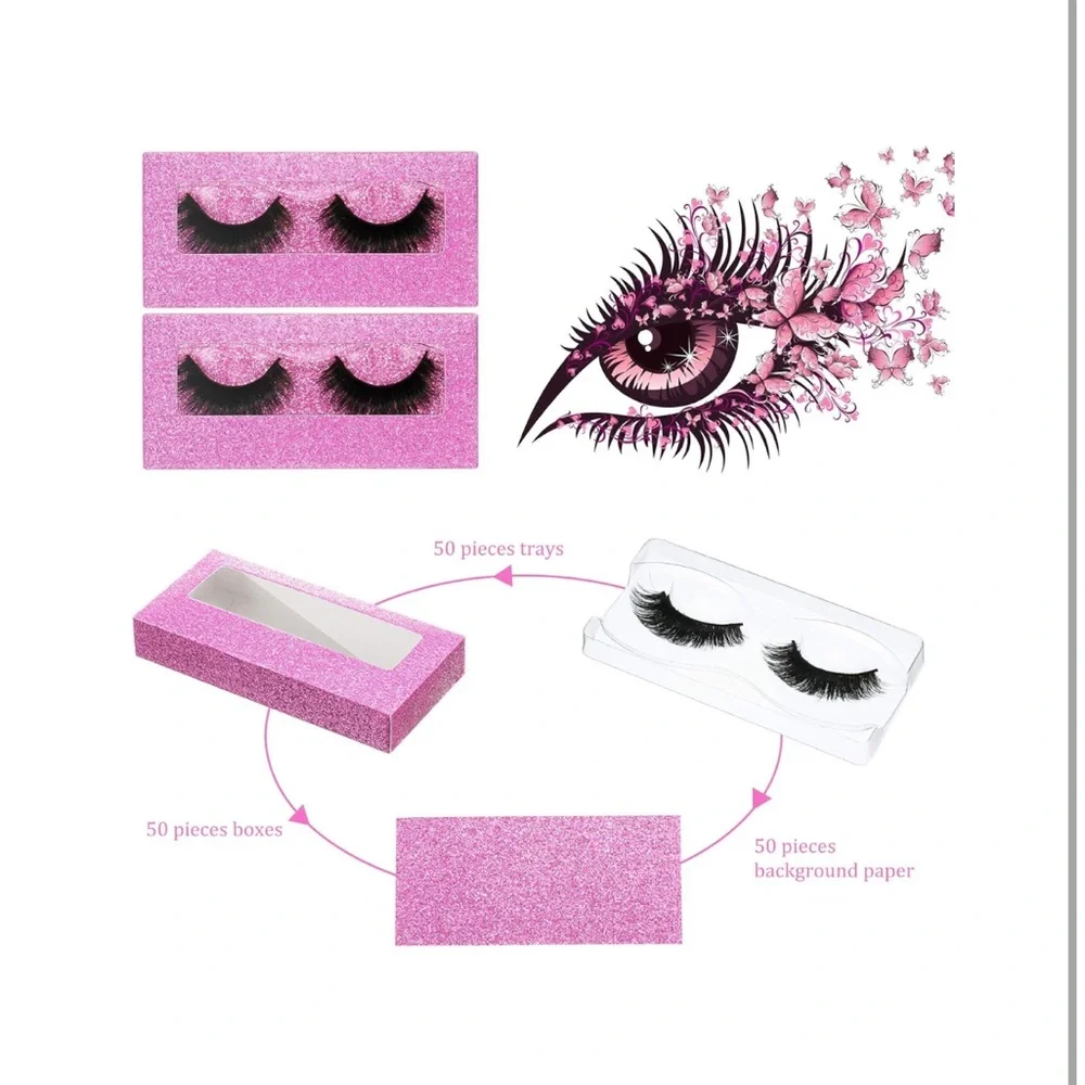 50 Sets Empty Eyelash Case Set- 50 box, 50‎ tray- Pink